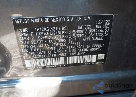 2023 Honda Hr-V 2Wd Lx z USA, uszkodzony, nr VIN 3CZRZ1H31PM725531
